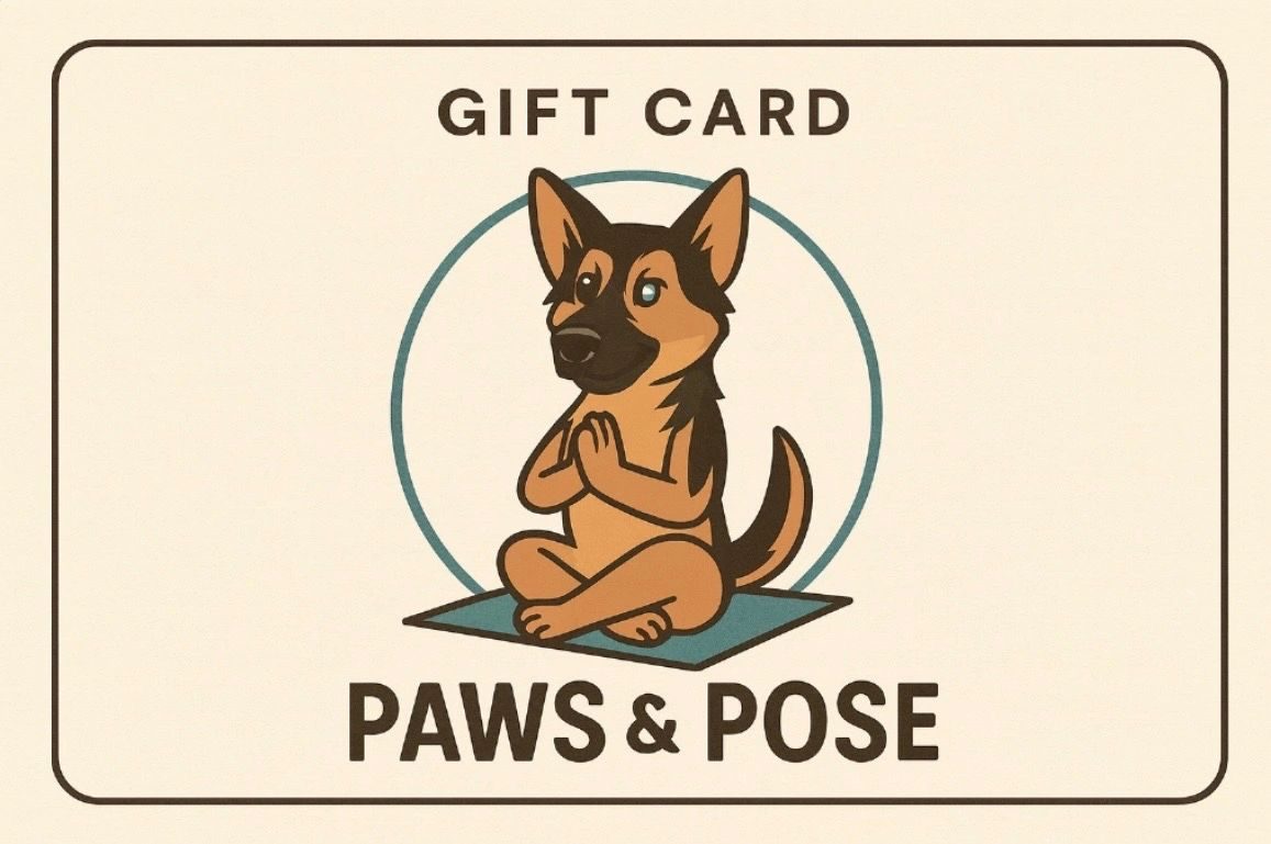 The Paws & Pose gift card, featuring the studio's meditating dog logo